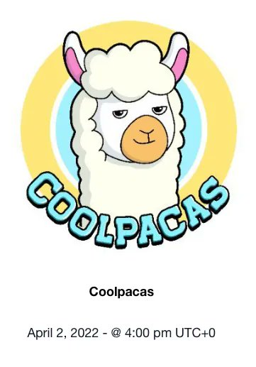 Coolpacas drop is in 30 minutes👇

Date: April 2 2022
Time: 4:00 pm

Twitter: <a href="/CoolpacasNFT/">Coolpacas CNFT 📢 MINT NOW</a>                        

Visit us at cnftdropfinder.com for upcoming drops

#CNFT #CNFTCommunity  #CNFTdrop #NFT #NFTCommunity #NFTartist