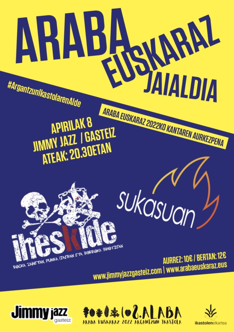 Adi, adi!!! Kontzertuen eguna bertan dago 🎉🎉 Apirilak 8 Jimmy Jazz aretoan SUKASUAN+ IHESKIDE 🎤 Ez geratu sarrerarik gabe labur.eus/ArabaEuskarazJ… #ArabaEuskaraz #ArabakoIkastolak #zortzigarrenalaba #zortziakbatera #ArgantzunIkastolarenalde