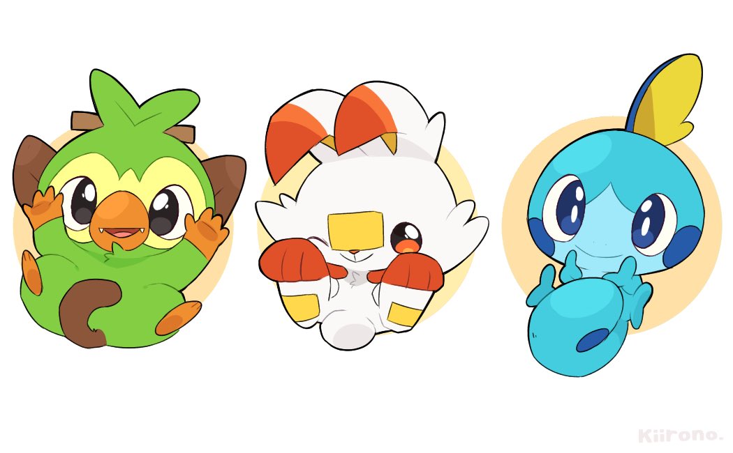 grookey ,scorbunny ,sobble starter pokemon trio no humans pokemon (creature) smile blue eyes closed mouth looking at viewer  illustration images