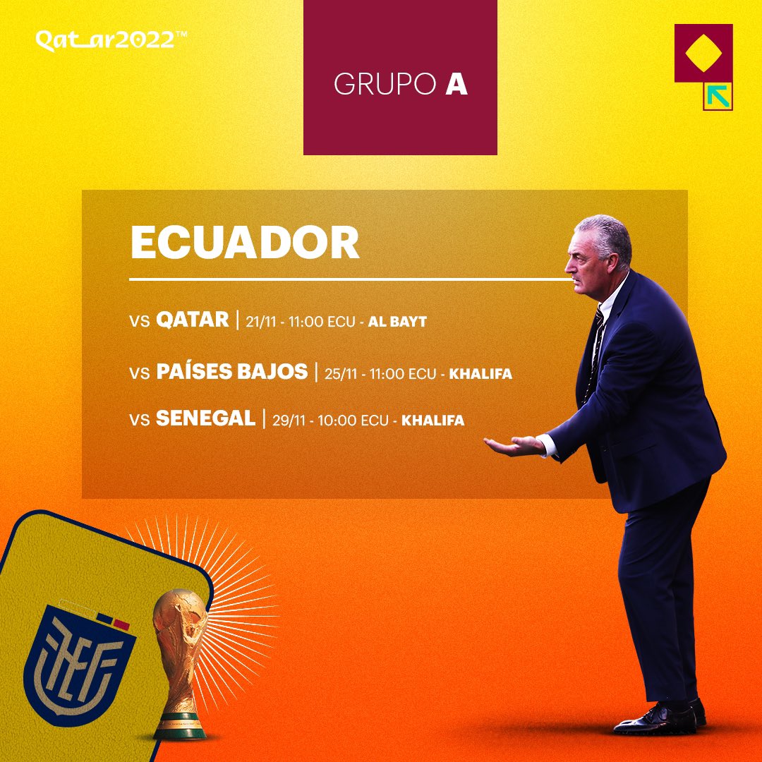 🗓️ El fixture de Ecuador 🇪🇨 en la fase de grupos. Debutará en el estadio Al Bayt ante Qatar. 

¿Cómo le irá al equipo de Gustavo Alfaro? 👇

#Qatar2022