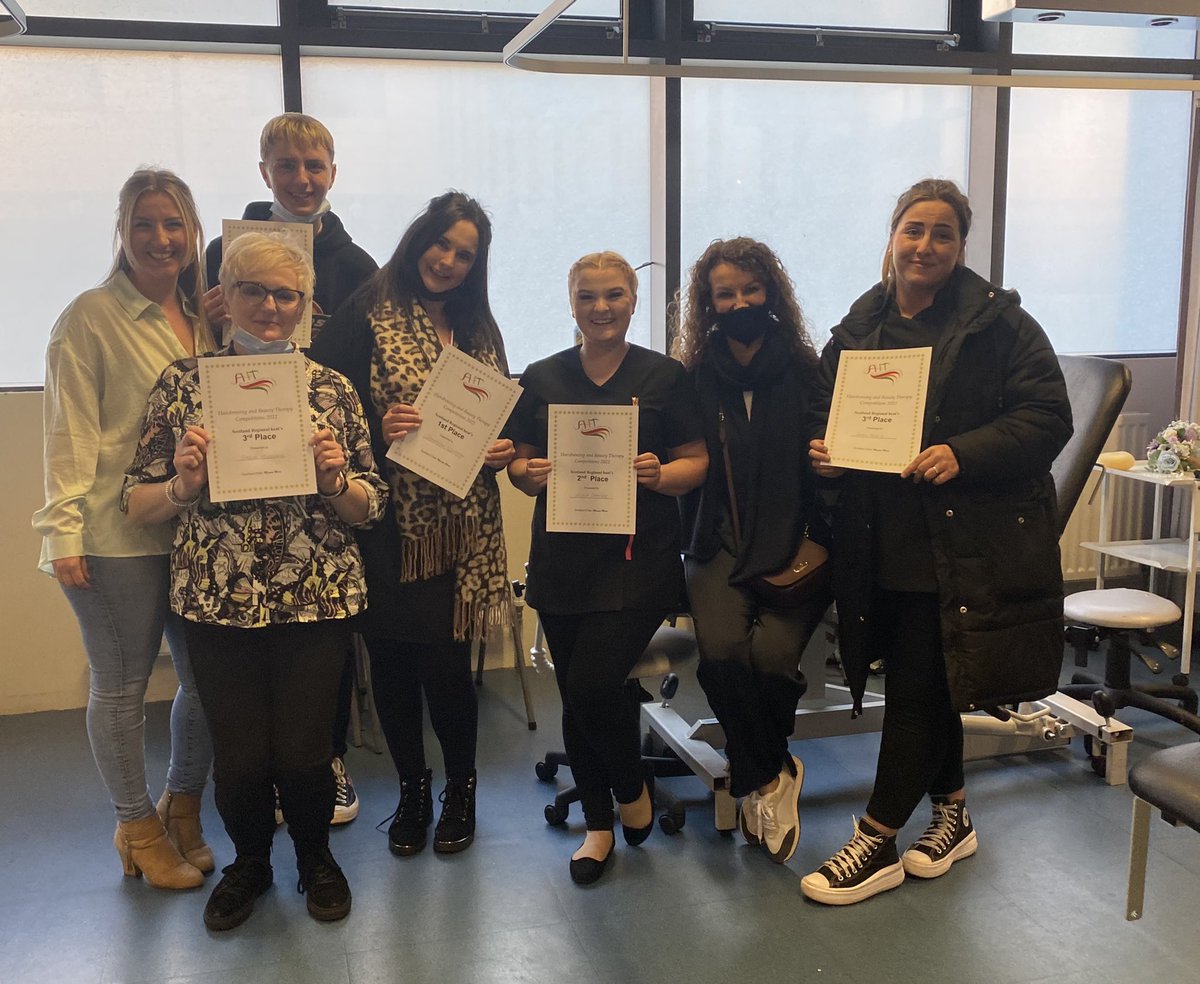 alice_ewen's tweet photo. Fantastic day through in @edinburghcoll at Granton Campus for the AHT competition. We are bringing back 
1st place for prom makeup 
1st place gel nails
2nd place bridal makeup
3rd place barber cut
3rd place ladies blow dry 

So proud of all of our students🥰🥳🙌 @donaldsondeb https://t.co/riApV6CjfP