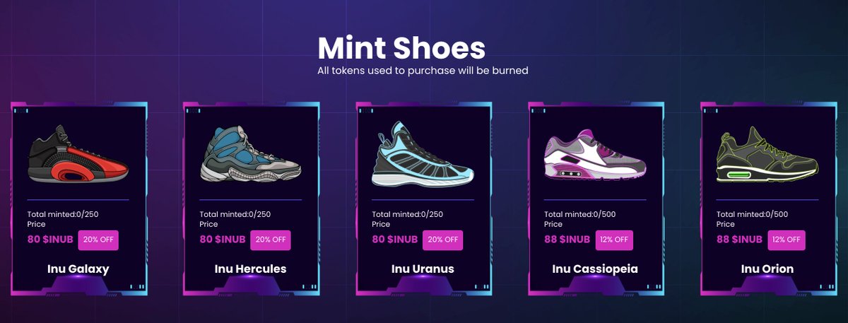 #MoveToEarn NFT Pre-Mint Event💥

👉Buy Now: app.inubase.org/mint

🎁Users can pre-own 5 different types of shoes with 10-20% discount
✅All paid with $INUB tokens
🔥All INUB tokens that you pay out will be burned instantly.

♻️Marketplace will launch on April 5, 2022