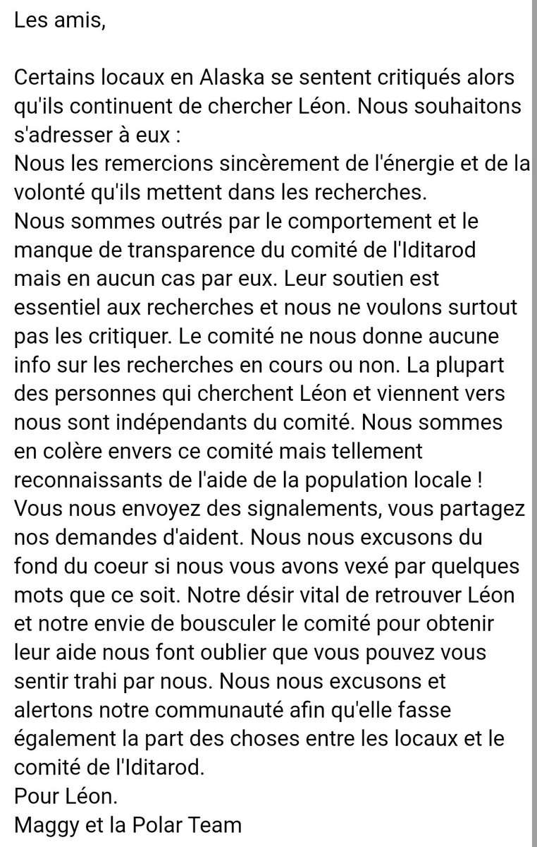 seblemusher's tweet photo. Dear all, just a clarification about our lasts communication.

Thanks to all volunteers helping in finding Leon.

#FindLeon #iditarod2022 #Iditarod50 #Iditarod #uglyflomp #MusherTwitter #uglydogs https://t.co/sVtWHnbBGQ