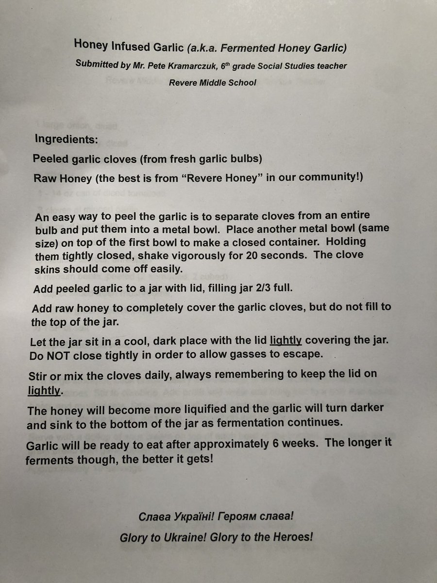 RMS6th's tweet photo. The “Heart of Revere” Grateful Gatherings Cookbook fundraiser deadline has been extended to April 17th.  So, Mr. K just submitted his 2nd recipe, and this one is for Honey Infused Garlic.  You can get your recipe(s) in too, because this is a GREAT fundraiser and it’s easy to do! https://t.co/VjdGZc04tt