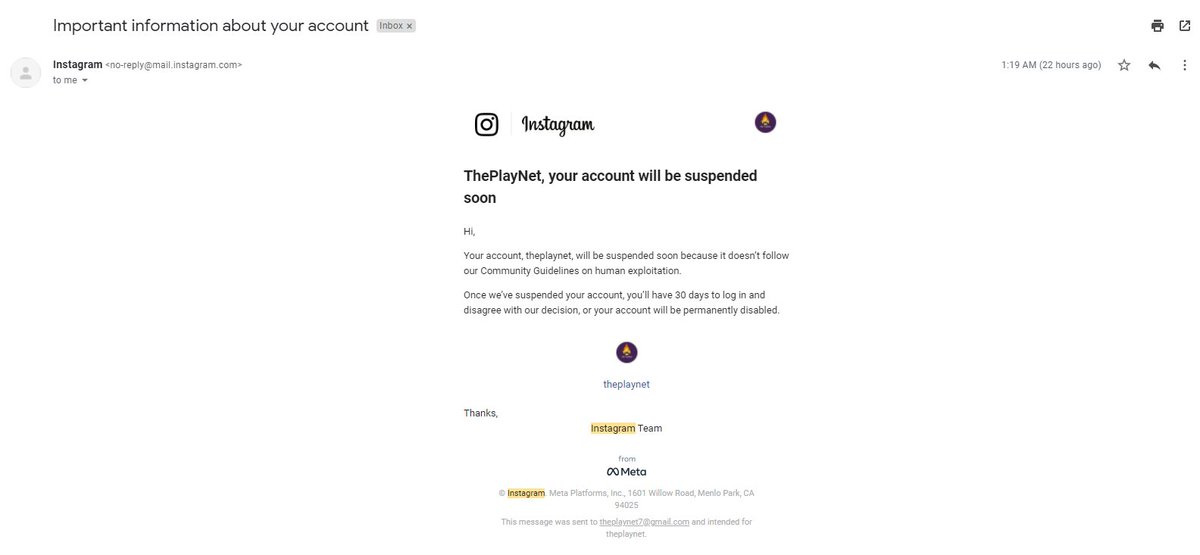 theplaynet's tweet photo. We are an esports organization 🎮
#Instagram got #suspended for no reason.
The reason mentioned was #human_exploitation
No prior warning or scrutiny was done and the account was suspended. 
@instagram @FacebookGaming @Meta @MetaAI https://t.co/lJZWTBiXUw