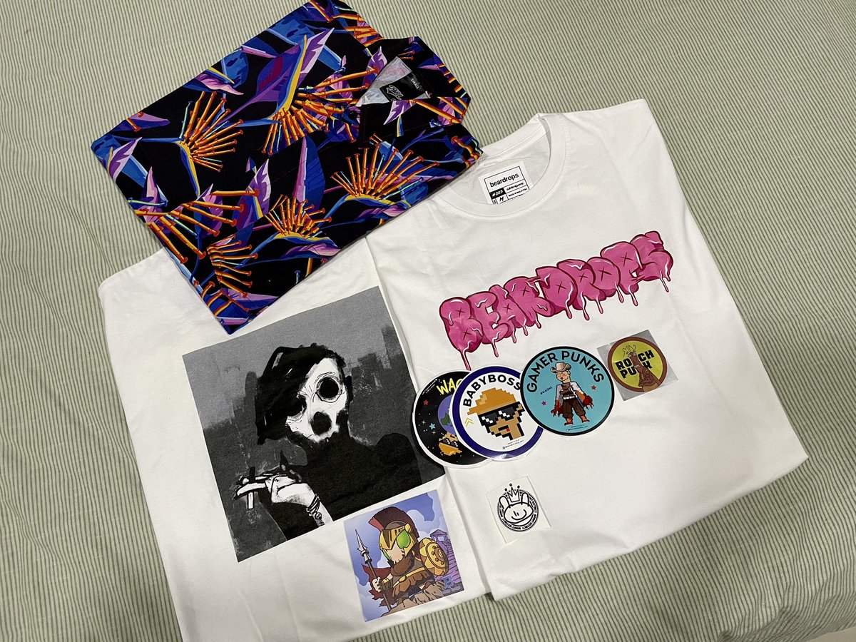 Awesome merch from <a href="/D00MSDAYnft/">DOOMSDAY</a> <a href="/beardropsmy/">BEARDROPS</a> and <a href="/KoyaClothing/">KOYA</a>! Gonna bring this all the way to Africa! 😍

Stickers from <a href="/GamerPunks_NFT/">Gamer Punks</a> <a href="/babybossnft/">Baby Boss 👶</a> @RoachPunks @EdYoung78 and <a href="/district_bunny/">BUNNY DISTRICT</a> are dope too!