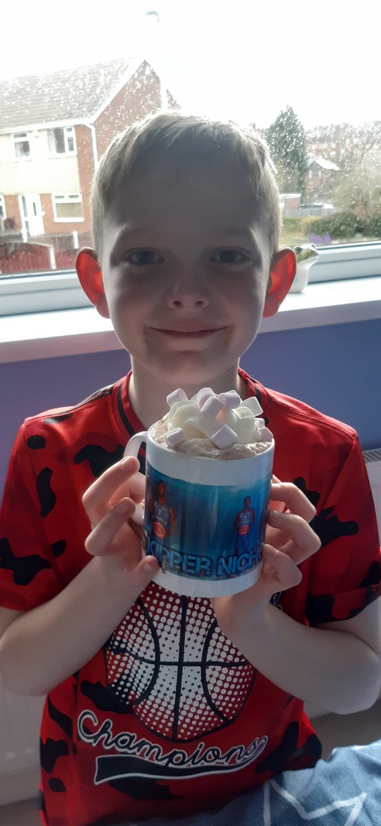 EveOades's tweet photo. This boy wont drink from any other mug now .  Hot chocolate at home playing NBA2K playgrounds on XBOX. @SheffieldSharks @kipset7 https://t.co/VOBllA4pfQ