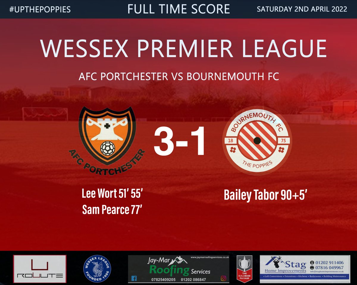 O_BournemouthFC's tweet photo. Strange afternoon for the Poppies at the OnSite Group Stadium as we fall to a 3-1 defeat to @AFCPortchester , we played much better than the scoreline! 

@BaileyTabor2 scores on his debut for the Poppies with a great finish

@swsportsnews @nls_wessex #UpThePoppies https://t.co/H9u4JXvHgk