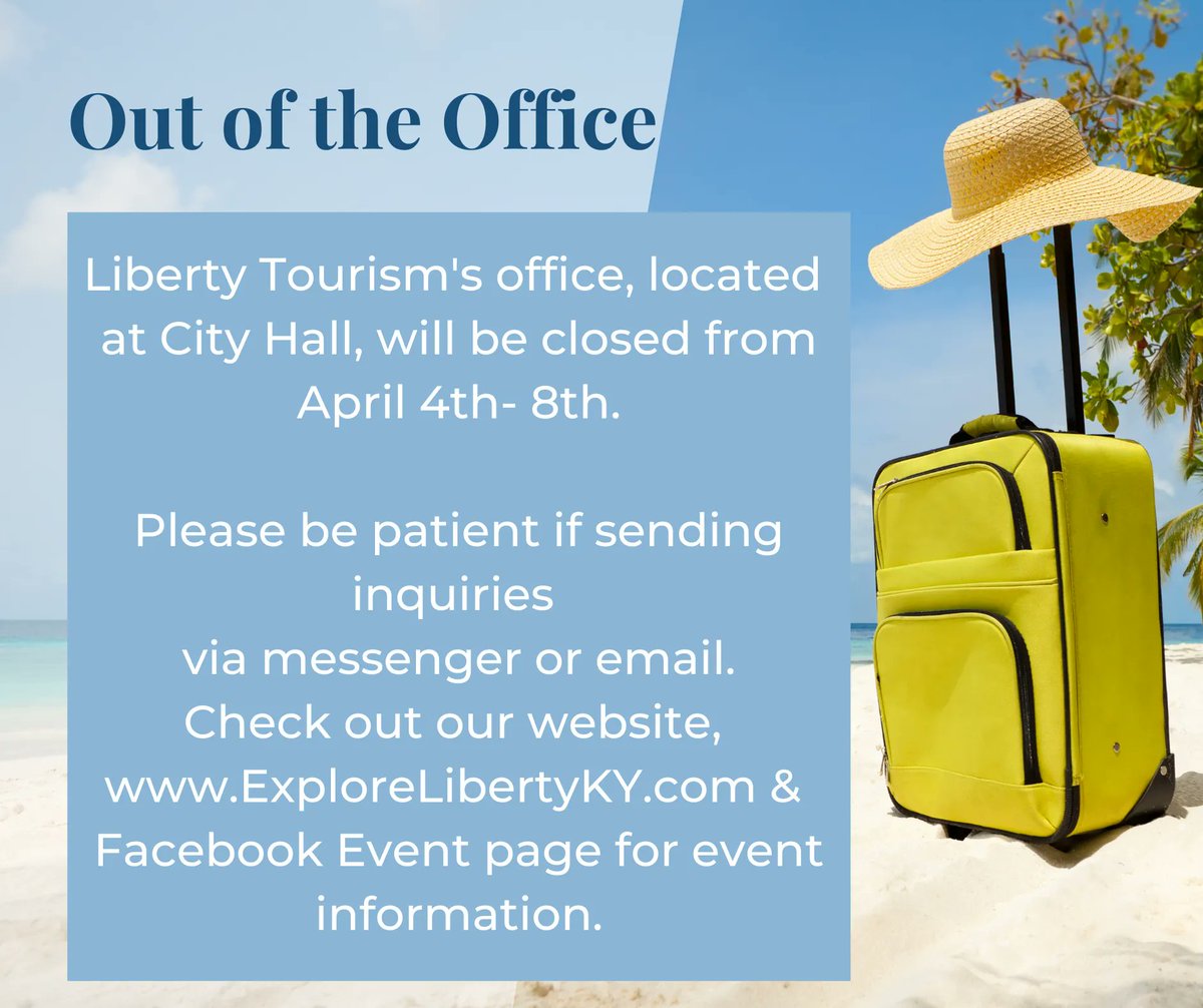 Liberty Tourism's office, located at City Hall, will be closed from April 4th to 8th for vacation. 
Please be patient if sending inquiries via messenger or email as we are a 1-person office. Check out our website, buff.ly/3fwmS6w &amp; Facebook Event page for event info.