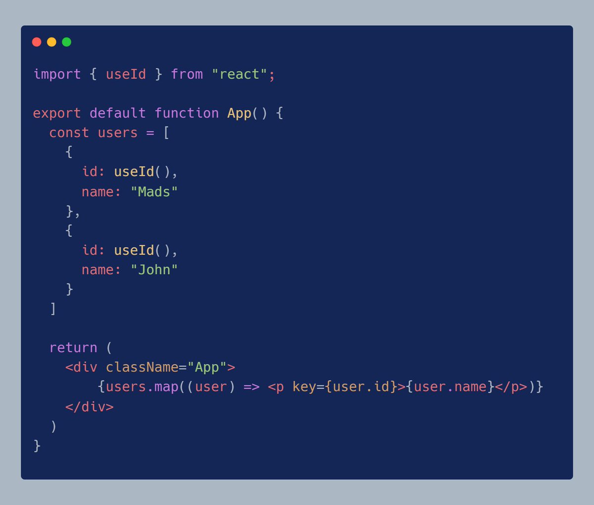 madsbrodt's tweet image. React 18 was just released a few days ago, and it brings along a cool new &quot;useId&quot; hook!

It&apos;s an easy way to guarantee a unique identifier when you need it - either to generate id&apos;s as part of your data, or by using it as a key when iterating over an array.

Super useful 🔥
