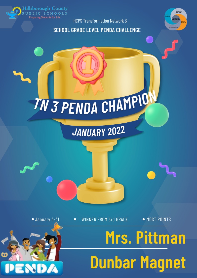 PendaLearning's tweet photo. Shout-out to Mrs. Pittman's 3rd grade class at @Dunbar_Magnet. Congrats for logging the most number of #PendaScience points in January 2022, among all @TransformHCPS Network 3 schools - what an accomplishment! #ScienceIsCool... just ask Ms. Pittman's class.

@HCPSElemScience https://t.co/M4y2TEJdbo