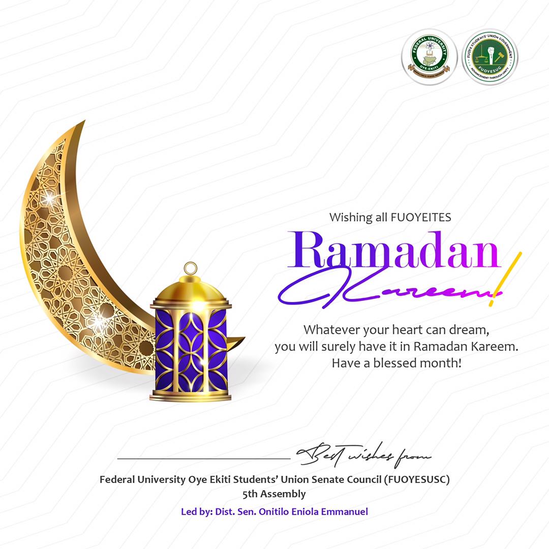 FuoyesugSenate's tweet photo. FEDERAL UNIVERSITY OYE-EKITI STUDENTS UNION GOVERNMENT SENATE COUNCIL 5TH ASSEMBLY SEND RAMADAN GREETINGS TO ALL MUSLIMS STUDENTS ACROSS THE UNIVERSITY

The Fuoyesug senate council 5th Assembly led by Dst Sen. Onitilo Eniola Wishing all fuoye students a great Ramadan 2022 https://t.co/BVOY9XMDFf