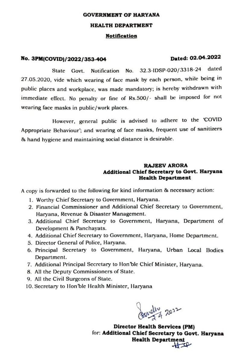 cmohry's tweet photo. हरियाणा सरकार ने सार्वजनिक स्थानों एवं कार्यस्थलों पर फेस मास्क पहनना अनिवार्य करने वाले निर्देशों को वापस लेते हुए एक अधिसूचना जारी की है। आदेश के अनुसार सार्वजनिक/कार्यस्थलों पर फेस मास्क नहीं पहनने पर कोई दंड या जुर्माना नहीं लगाया जाएगा। https://t.co/UbB2pdKTUf