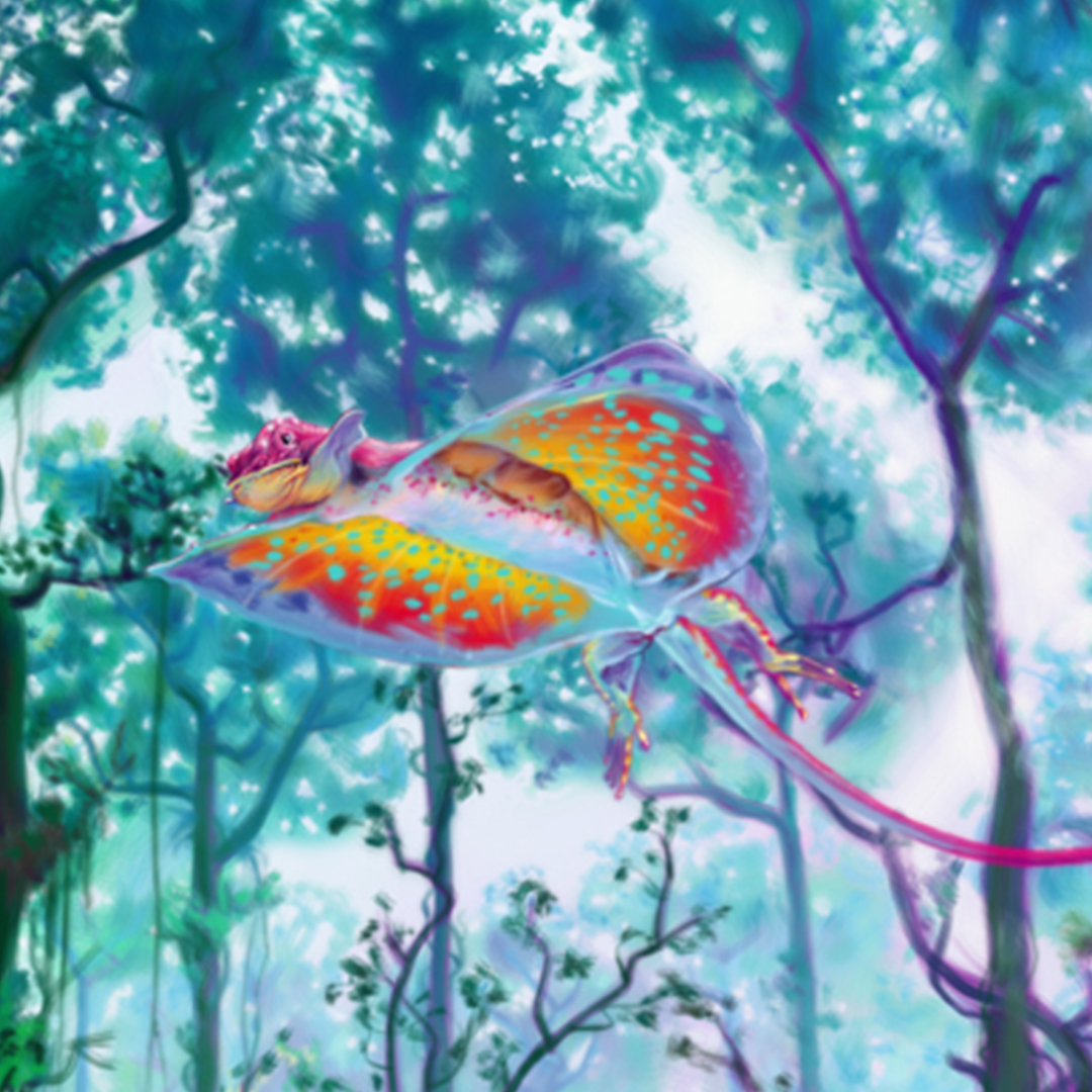 Flugdrache Draco Volans, Detail aus dem Digitalgemälde „Borneo“. Zu sehen ab 20. April an der #Ausstellung in #Zürich.