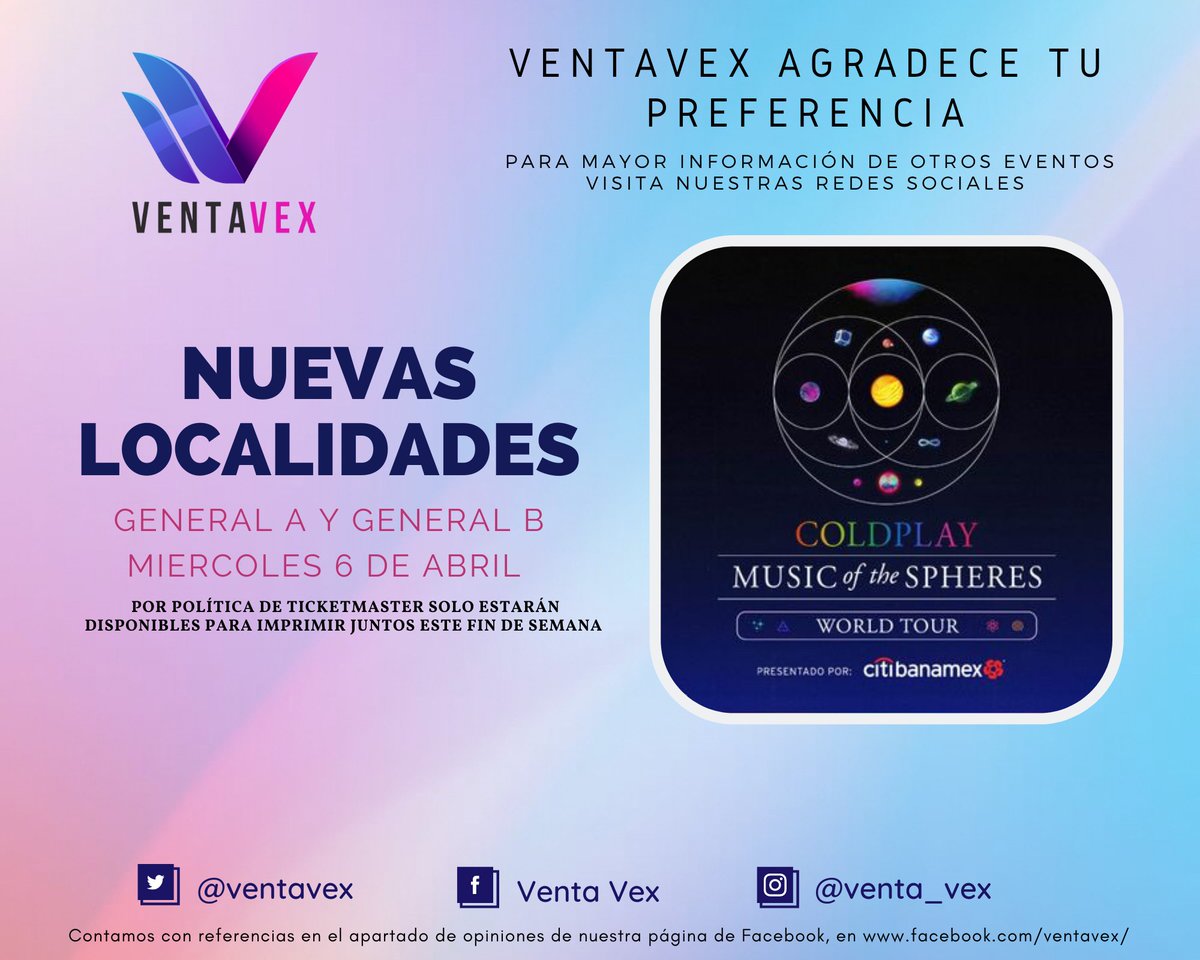 ventavex's tweet photo. PARA LOS AMANTES DE COLDPLAY, NO SE PIERDAN ESTE GRAN EVENTO, TENEMOS NUEVAS LOCALIDADES 🎟️🎟️

🟣🔵🟢🟡🟠🔴 BOLETOS GENERAL A Y B PARA MIÉRCOLES 6 DE ABRIL EN FORO SOL 🟣🔵🟢🟡🟠🔴 https://t.co/lxnCMnwtBQ