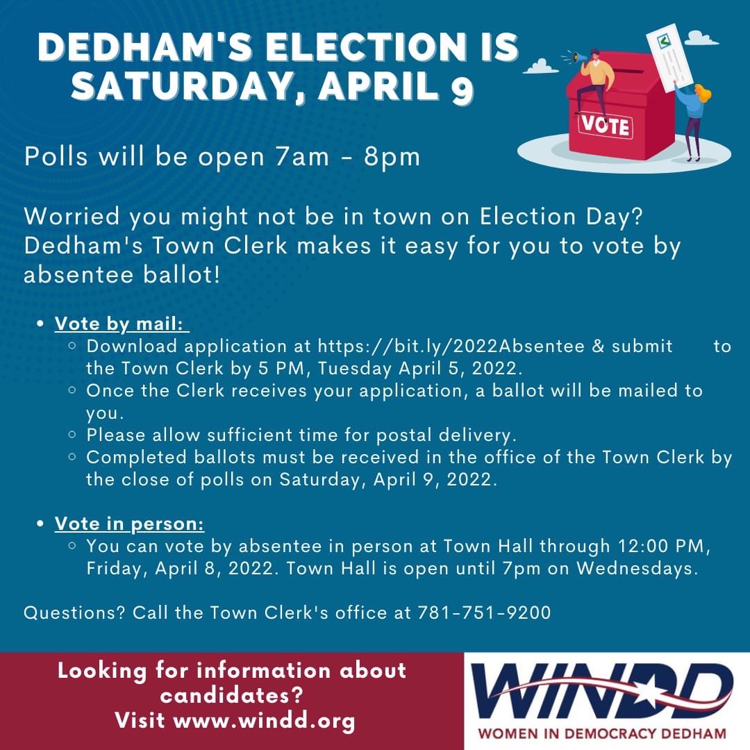 Smac11231S's tweet photo. Hey Dedham - have you made a plan to vote in our local election? Polls are open Saturday, April 9 from 7 am-8 pm. If you won’t be able to vote that day you can vote  absentee. Check this out or call the Town Clerk for details #dedhamvotes https://t.co/9P8MiKsYf0