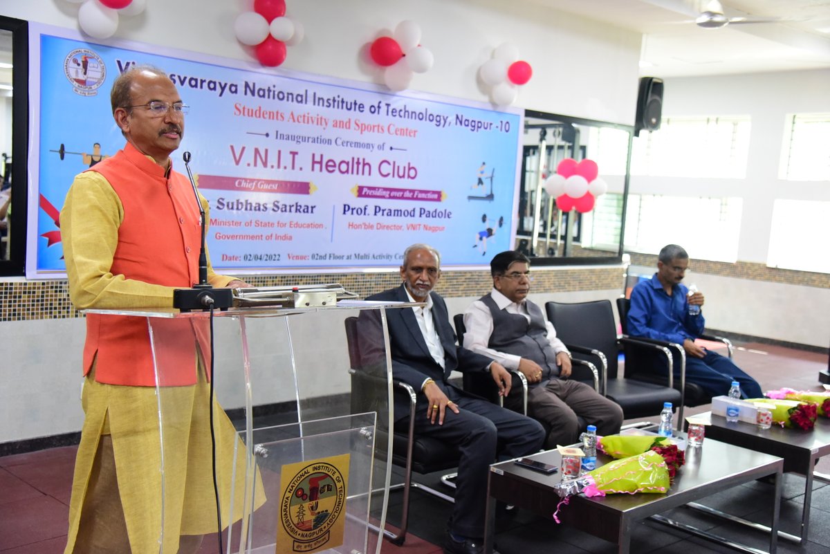 DirectorVnit's tweet photo. Health Club inaugurated by Dr. Subhas Sarkar, Hon’ble Minister of State for Education, Govt. of India. Also present Hon. M.P. Dr. V. Mahatme, Registrar, VNIT and others. The Health Club with an area of 9600 sq.ft makes this one of the the biggest gym in all 31 NITs of the country https://t.co/NVLzuCol1u