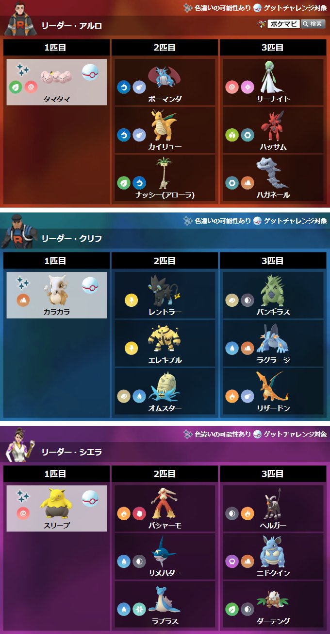 ポケモンgo攻略情報 ポケマピ Goロケット団占拠開始に伴って サカキとgoロケット団リーダーの使用ポケモンが変更されています ゲットチャレンジ対象ポケモン サカキ シャドウラティアス アルロ シャドウタマタマ クリフ シャドウカラカラ ポケモンgo攻略情報 ポケマピ Goロケット団占拠開始に伴って サカキとgoロケット団リーダーの使用ポケモンが変更されています ゲットチャレンジ対象ポケモン サカキ シャドウラティアス アルロ シャドウタマタマ クリフ シャドウカラカラ