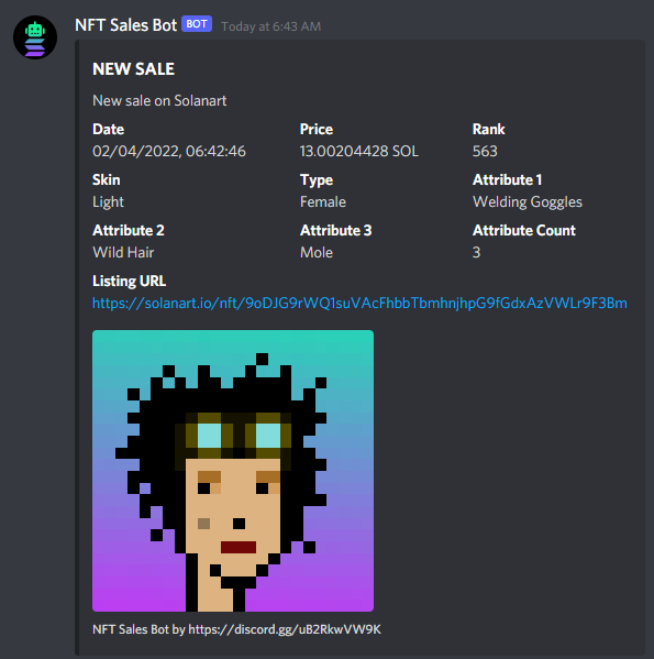 SolNFTSales's tweet photo. Example message of a new sale in the #SolPunks collection
#NFT #NFTs #nftsale #nftbot https://t.co/6DWaOY9nnL