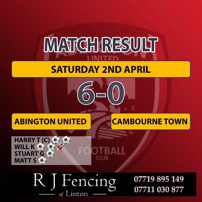 FINAL SCORE! Abington United 6-0 <a href="/CambourneTownFC/">Cambourne Town FC</a> ! 1-0 up in the 2nd minute and then not much else in the first half but the lads turned up in the second and secured the 3 points! 
Our goals:
<a href="/Tippers7_/">Harry Tiplady</a>  (C)⚽️⚽️
Will Kenzie ⚽️⚽️🚀
Stuart Gillibrand ⚽️
<a href="/5tratts/">Matt</a> ⚽️