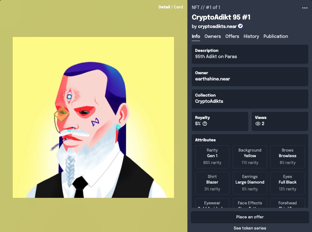 cryptoAdikts's tweet photo. You're an official Adikt now earthshine.near!
Thanks for the wonderful space @PixieSnakes
CryptoAdikt 95 is now wandering off in Paras.
#PARASnft #nearnft #nftcommunity #nftcollection #cryptoadikts #NFTProject https://t.co/iEHD7QNVKE