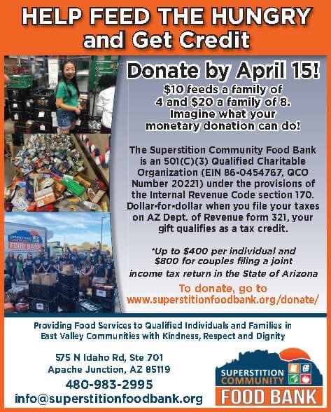 Have you done your taxes yet? April 18th deadline. Help SCFB feed those, in our community, facing food insecurity. 
🍏🍋🫑🥒🥖🥯🥚🍳🥩🍞🧈🧅🍗

#AZTaxCredit #supportlocalfoodbank #superstitionfoodbank #apachejunctionaz #mesaaz #PinalCounty