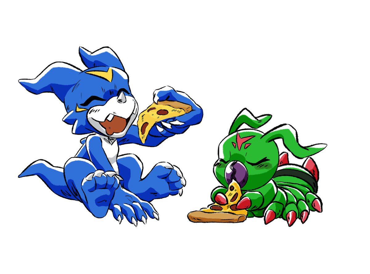 Veemon and Wormmon enjoy some pizza together