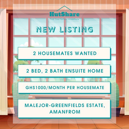 TheHutShare's tweet photo. NEW LISTING🏠!!!

 👥 2 Housemates wanted
 🏠 2 Bedrooms, 2 Bathrooms En-suite Terrace 
 💰 GHs 1000 per month
 📍 Malejor-Greenfields Estate, Amanfrom-Accra

NB: Space is available for 1 Renter for GHS 2000 monthly.

DM us if interested and we will match you with the lister. https://t.co/zaoh0zEjSo