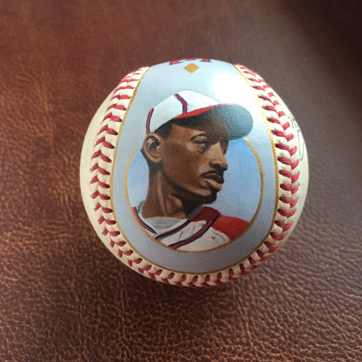 AgFredricksen's tweet photo. Satchel Paige-Monarchs- Painted on a replica auto ball. #satchelpaige #negroleagues #kcmonarchs #baseball #baseballart #vintagebaseball #mlb #halloffame https://t.co/wJvrJ0PtDJ