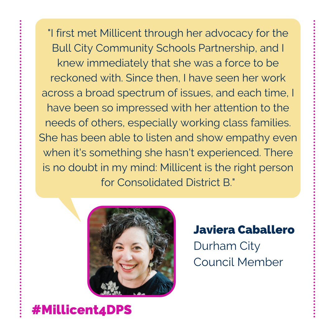 Millicent4dps's tweet photo. The support of @Javiera4Durham means so much to me. I have a tremendous amount of respect for how she centers the needs of marginalized people in her work, and I hope to do the same. #millicent4dps https://t.co/cj2YItzth9