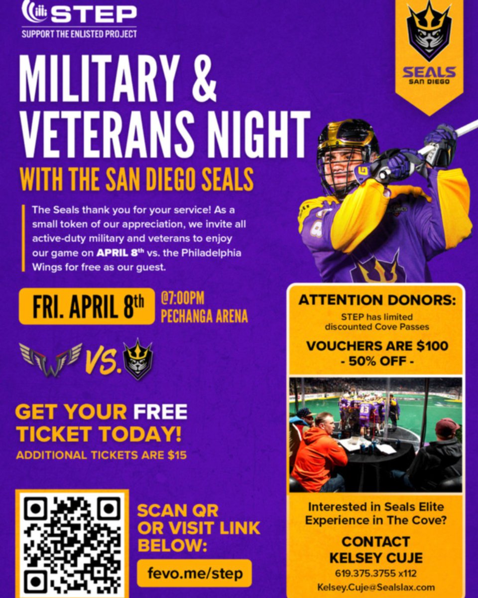 The Seals thank you for your service! As a
token of their appreciation, all
active-duty military and veterans are invited to enjoy
the game on APRIL 8th vs. the Philadelphia
Wings for free as a guest.

#thankyou #military #free #militaryfamilies #sandiegoseals #seals #freeticket