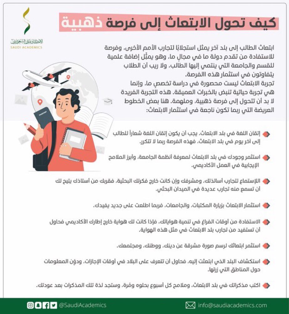 SaudiAcademics's tweet photo. 🔖| #انفوجرافيك كيف تحول الإبتعاث إلى فرصة ذهبية. https://t.co/pl13Keolmr