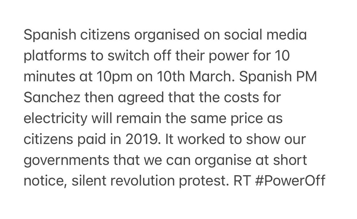 Attention:- British citizens turn off your power for 10 minutes at 10pm on 10th April. Let’s follow the Spanish & show our leaders that we can ALSO organise a SILENT PROTEST at short notice to get our costs back to pre pandemic prices! RT it GO! using #PowerOff