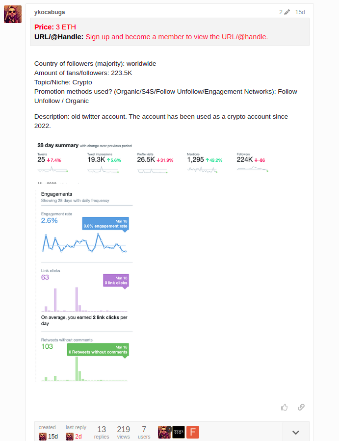 CR1337's tweet photo. Crypto/NFT Twitter account trading is booming. Accounts with high follower counts etc. are regularly sold on marketplaces like swapd [dot] co

One account with 223.5k followers for example was sold for 3 ETH: https://t.co/3CPGa8zQwS