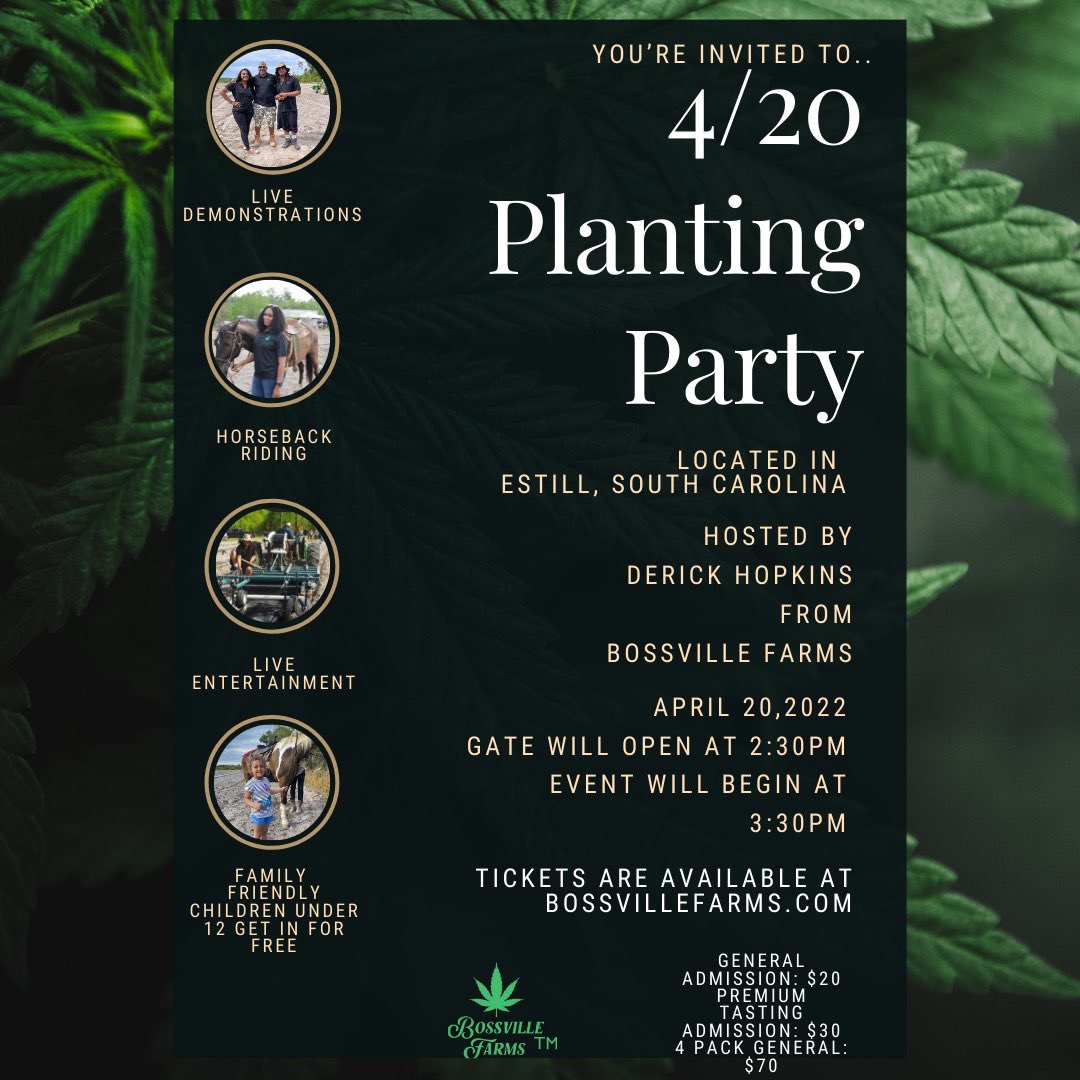 blackownedsc's tweet photo. Celebrate this 4/20 at a Black-owned hemp farm. Bossville Farms is a family-run hemp farm based out of Estill, South Carolina. On 4/20, they will host a planting party for all ages with free horseback rides, food, vendors, etc. Get tickets or be a vendor: https://t.co/OggPjujxyS https://t.co/c2c802AEI9