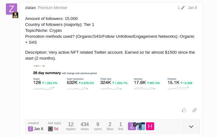 CR1337's tweet photo. Crypto/NFT Twitter account trading is booming. Accounts with high follower counts etc. are regularly sold on marketplaces like swapd [dot] co

One account with 223.5k followers for example was sold for 3 ETH: https://t.co/3CPGa8zQwS