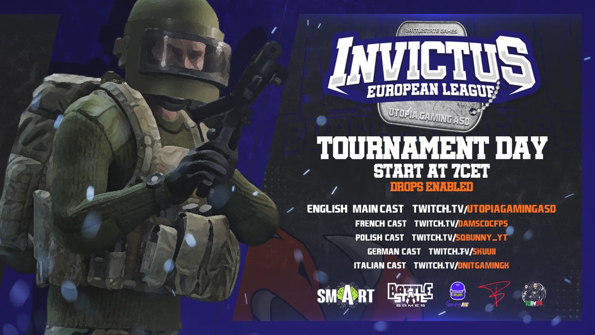UtopiaGamingInc's tweet photo. The English cast of the Invictus European League has just begun!
Follow it live on the UtopiaGamingASD Twitch channel for 
- Drops enabled on the Channel;
- Giveaway of EFT trial and standard keys;
- Giveaway of custom products as well

https://t.co/0ElnWL5JHA
@bstategames https://t.co/AOjBpX37o3