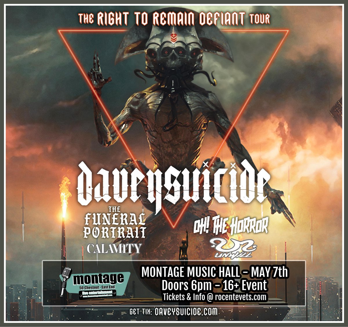 We will return to <a href="/TheMontage585/">The Montage Music Hall</a> on Saturday, 5/7 alongside <a href="/CalamityBandNY/">Calamity</a>, <a href="/Ohthehorror916/">Oh! The Horror</a>, @TFP_tweets, and <a href="/DAVEYSUICIDE/">DAVEY SUICIDE</a>!

Tickets 🎟 are $17. Get them from us or online right here: rocentevents.com/event/davey-su…

See you all there! 🤘