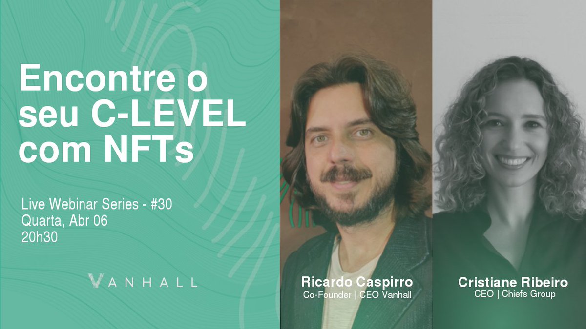 Junte-se a nós para uma live na quarta(06/04) às 20h30. Com <a href="/ricardocaspirro/">Ricardo Caspirro</a> | CEO da @Vanhallpay
 e Cristiane Ribeiro | CEO da Chiefs Group.
Novas aplicações para os #NFTs.
Ytube: youtu.be/TMYLJnphUhM
#stablecoins #tokenização