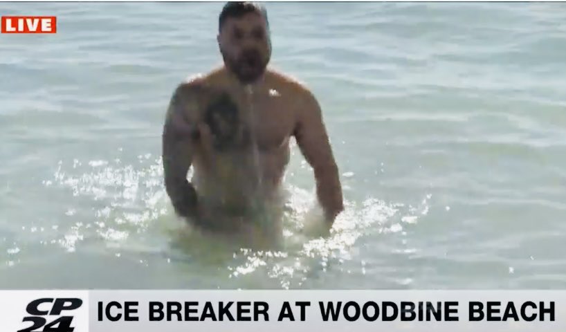 SteveRyanCP24's tweet photo. Who needs the warm tropical waters of Miami Beach when we have the frigid northern waters of Lake Ontario. Thank you to my colleague ⁦@LeenaLatafat⁩ for the live on air challenge. I think? https://t.co/cttWXyUv2C