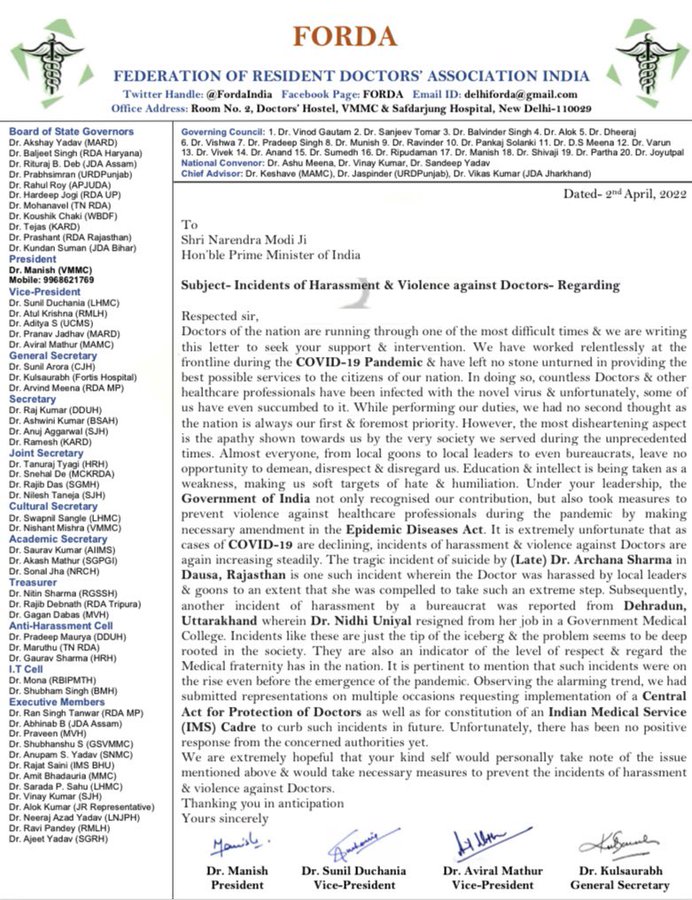 The Federation of Resident Doctors Association (FORDA) on Saturday wrote to Prime Minister #NarendraModi (<a href="/narendramodi/">Narendra Modi</a>) over incidents of harassment and violence against doctors.