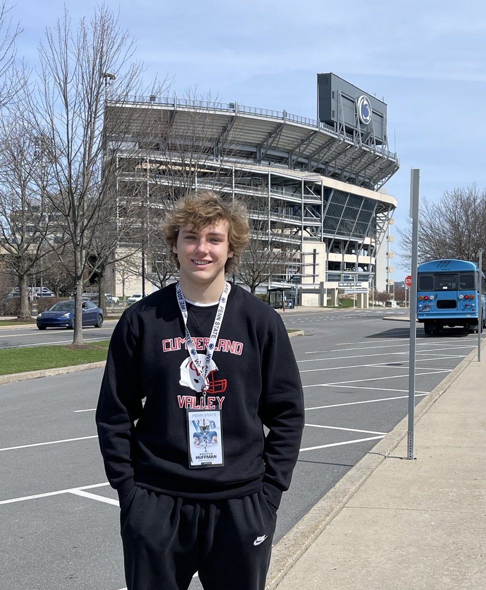GriffinHuffman's tweet photo. Thank you @PennStateFball for a great visit! Would like to thank @CoachTHowle for the invite. Also thanks to @chrismahon_ , @shadrich80. @coachjfranklin @coachoswalt @CVHS_Football https://t.co/RKrHBan8Ae