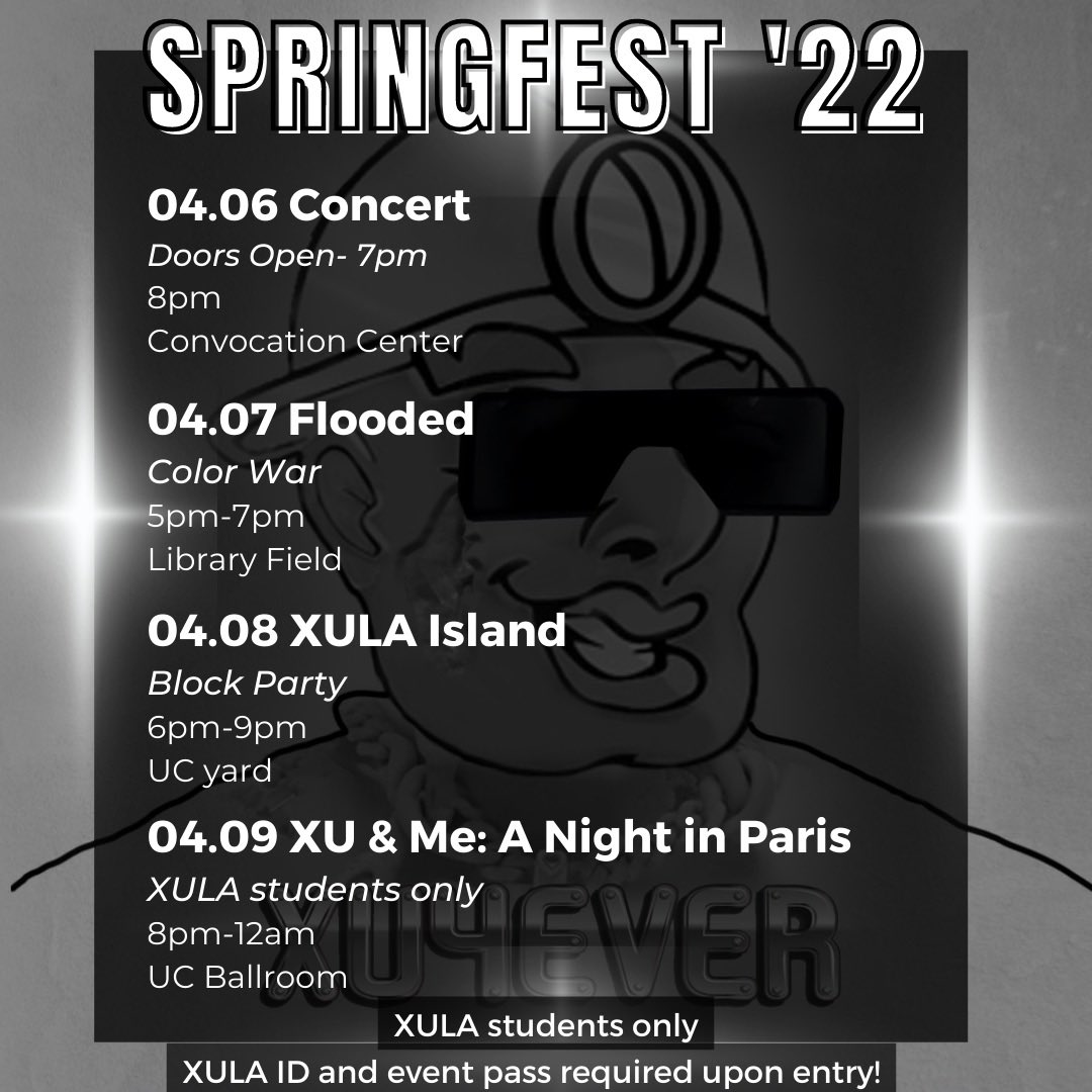 XUHOMECOMING23's tweet photo. The XULA Springfest ‘22 committee would like to welcome you to “XU4EVER” 👤 Join us as we celebrate! 
•
We pushing 🅿️ all week! 🔥 https://t.co/6BFCglzux6