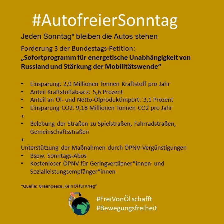 #TempolimitJetzt mit #FreiVonÖl Energiewende ist die effektivste Maßnahme gegen Putin.
#AutofreierSonntag würde noch dazu beitragen.
Unterschreibe jetzt die Bundestagspetition für ein Energie Sofortprogramm!✍
epetitionen.bundestag.de/petitionen/_20…

#Energiewende #StandWithUkraine 
#Autobahn