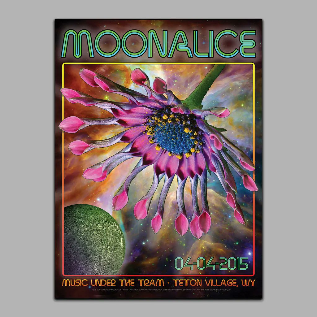 Welcoming Spring Poster Collection 🌷 Moonalice 4/4/15 Music Under the Tram, Teton Village, Wyoming art by the late RonDonArt WFuckstick Ron Donovan buff.ly/2PJy5rR 🌼 M791 #RonDonovan #MAP0222 #MAPR