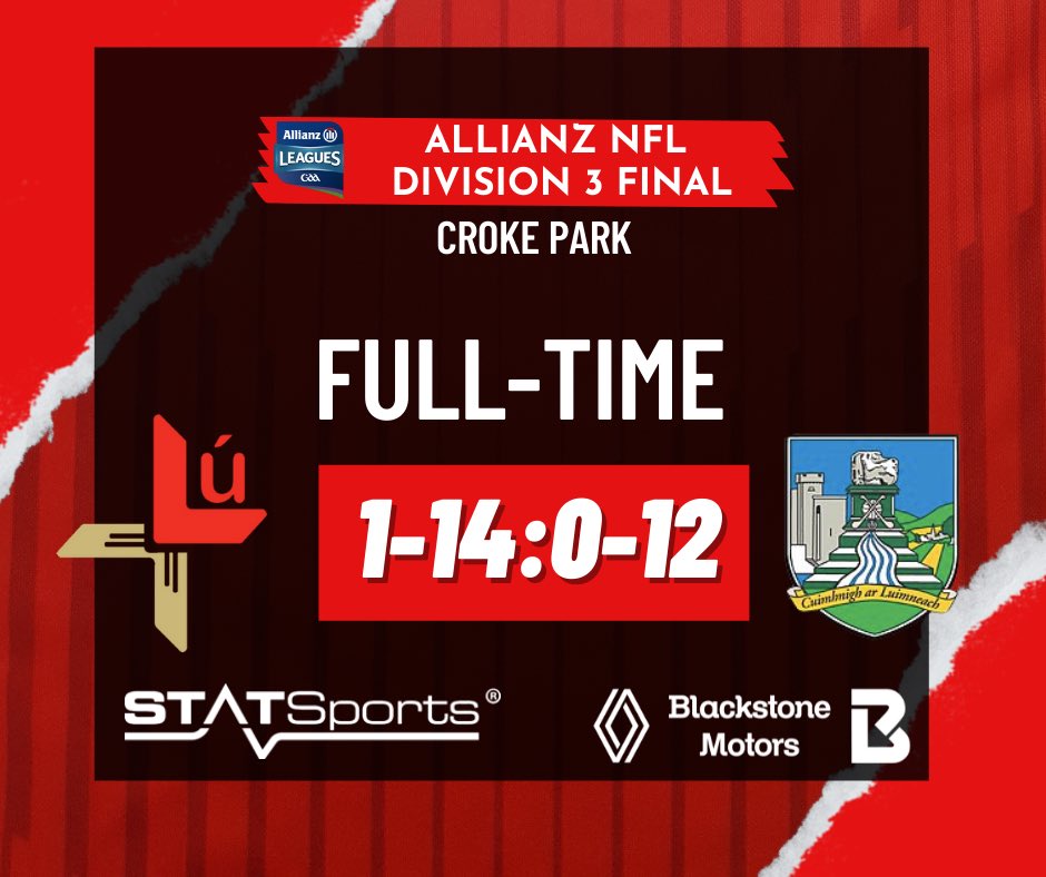 FULL TIME: 
Wee are Allianz National Football League Division 3 CHAMPIONS🔴⚪️
#AnLúAbú
<a href="/statsports/">STATSports</a> <a href="/OfficialBSM_1/">Blackstone Motors</a>