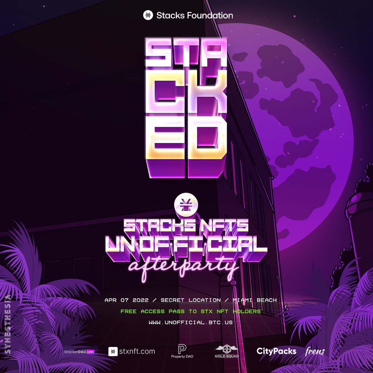 DiegoMey's tweet photo. 🎉STACKED! The unofficial #STX NFT Afterparty 🍾 Free Access Pass to Stacks NFT holders only: https://t.co/tIael3mAkY https://t.co/J7ZbhuDiZG