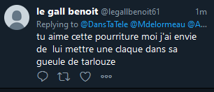 DansTaTele's tweet photo. @legallbenoit61 @Mdelormeau @AfidaTurner Alors on signale ton tweet, et on la garde en capture au cas où tu ne l'assumerais plus et que tu la retirerais #TPMPPeople https://t.co/N59YCF21Z1