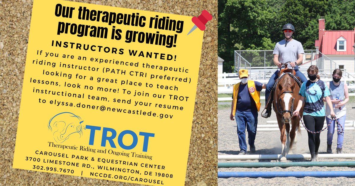 NCCDE's tweet photo. Instructors wanted for our therapeutic riding (TROT) program at Carousel Park. Send resume to elyssa.doner@newcastlede.gov. #netde #nccde #carouselpark #equestrians #delawareequestrians #therapeuticriding https://t.co/OTWB1ze45c