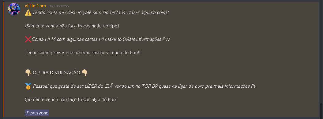 ⭐Freezar Soldiers⭐ (@freezarsoldiers) on Twitter photo *Avisos - Importante a todo Cenário*
Houve uma Denuncia de Fraude de um Jogador chamado VITIN
Clayton Victor - Cla V1000 - COPA VT.
copa.vt.22@gmail.com
Whats: 48991456031
Rouba dinheiro da Galera e não cumpre o que é falado, finge vender a conta e pega o dinheiro e vaza. *Avisos - Importante a todo Cenário*
Houve uma Denuncia de Fraude de um Jogador chamado VITIN
Clayton Victor - Cla V1000 - COPA VT.
copa.vt.22@gmail.com
Whats: 48991456031
Rouba dinheiro da Galera e não cumpre o que é falado, finge vender a conta e pega o dinheiro e vaza.